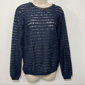 NWT Ann Taylor lace striped long sleeve blouse pullover blue size medium